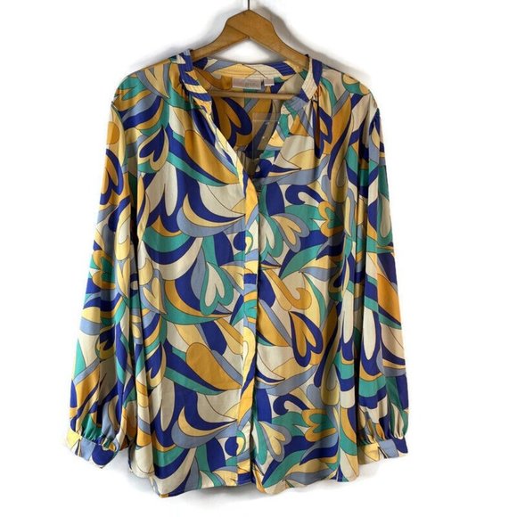 Belle Kim Gravel Womens Blouse Top Size 3X Multicolor Mod Retro Heart Button Up - Picture 1 of 11
